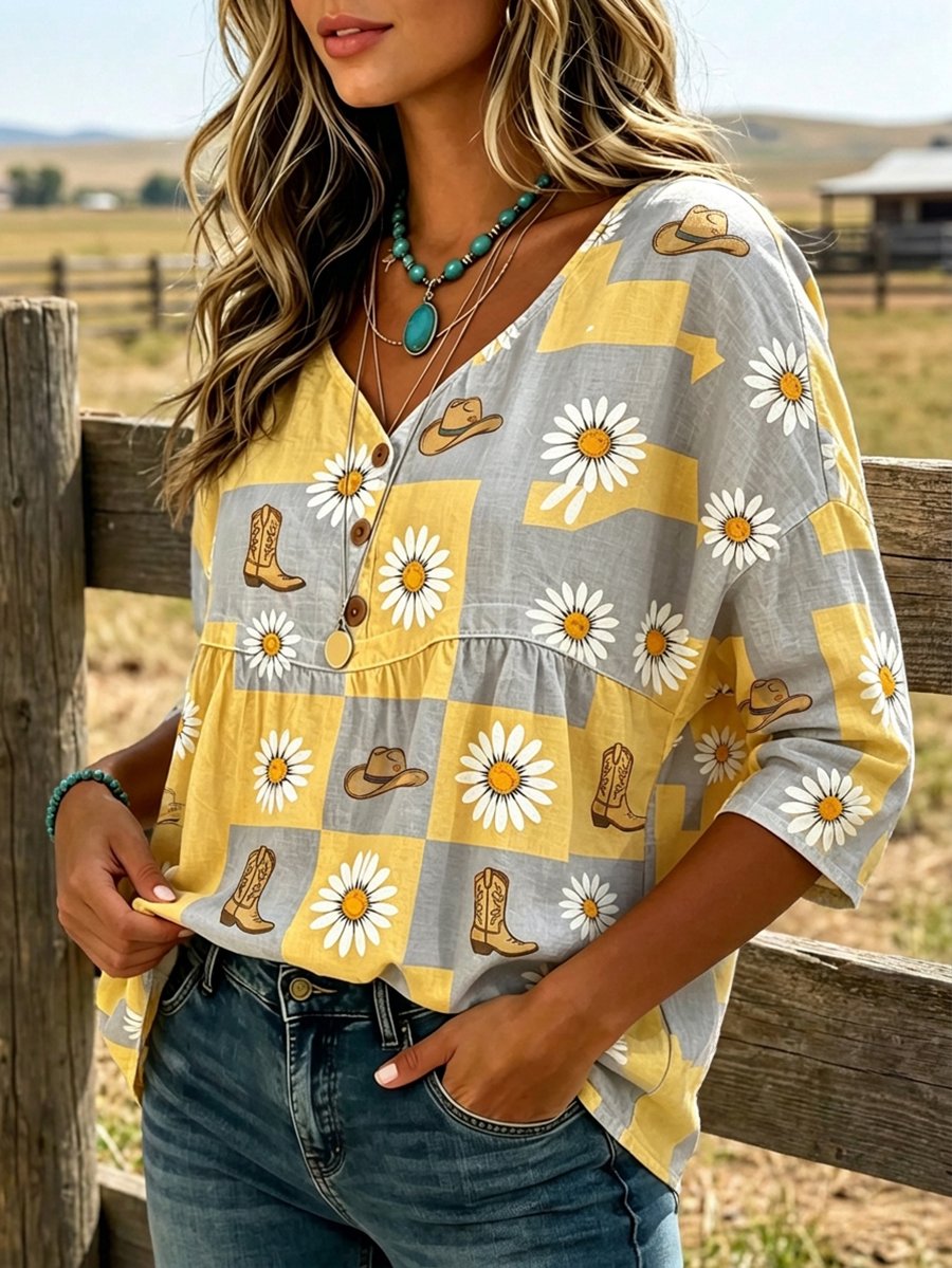 Women's Western Floral Print Faux-Linen Top