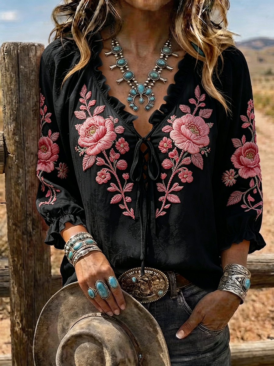 Blusa western floral de encaje y con cordones para mujer