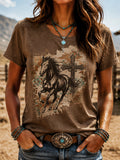 Women'S Western Style Animal Cross Round Neck T-Shirt