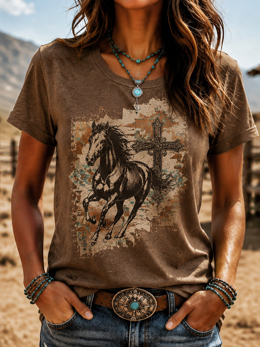 Women'S Western Style Animal Cross Round Neck T-Shirt