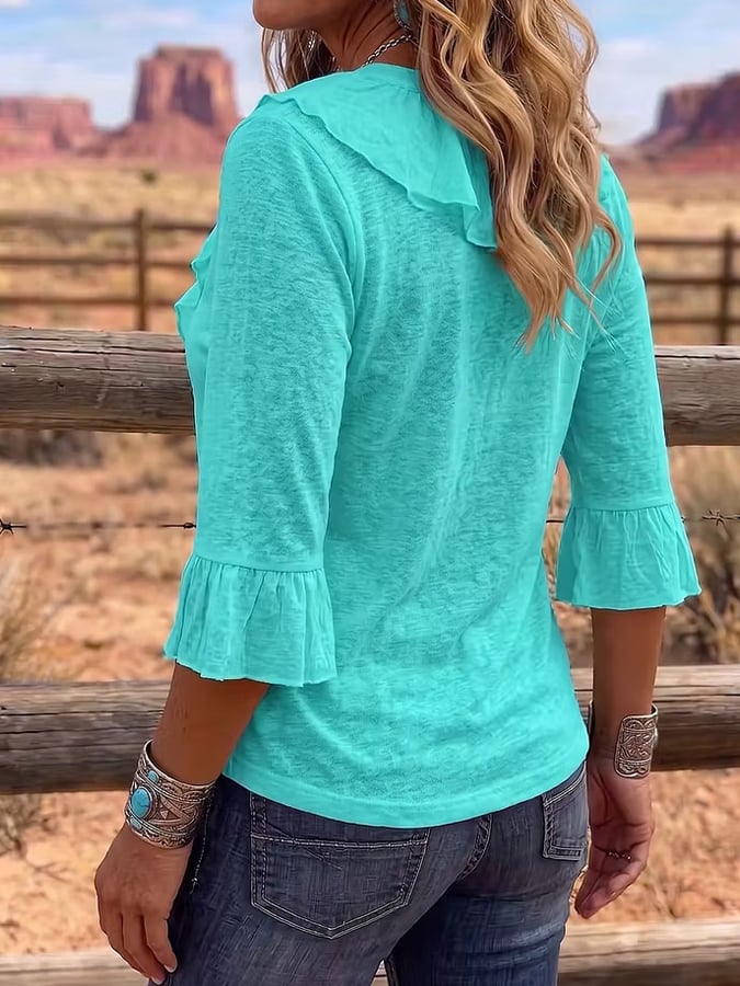 Women's Casual V-Neck Ruffled Cotton-Linen Top