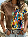 Women's'Retro Western Floral Horse Print Casual Round Neck Top