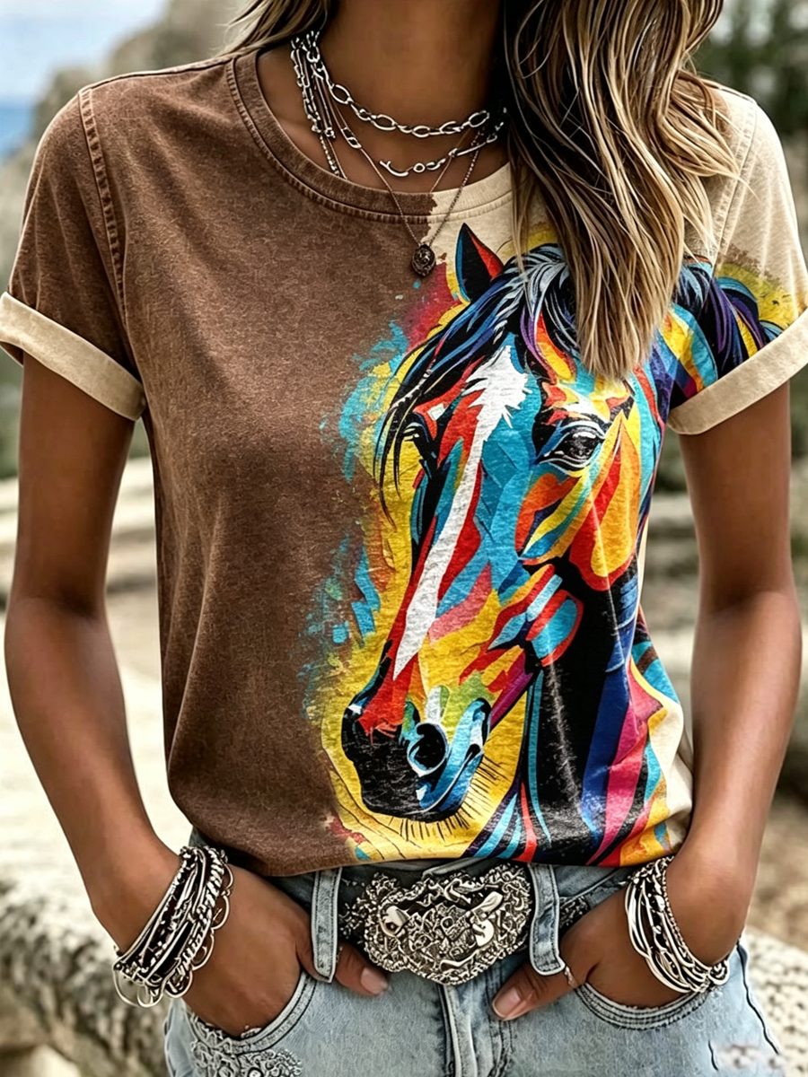 Women's'Retro Western Floral Horse Print Casual Round Neck Top