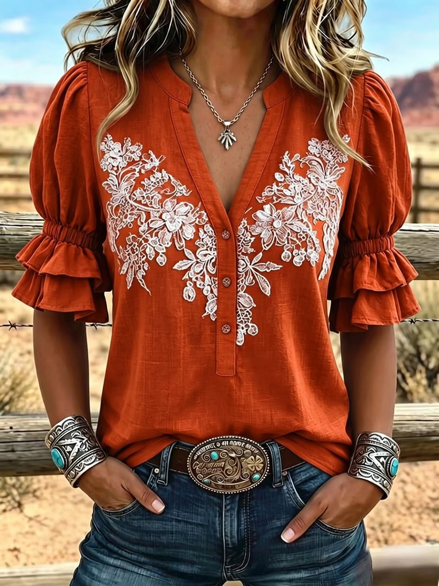 Camisa informal para mujer con estampado de arte vintage y mangas abullonadas