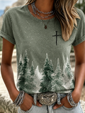 Women'S Retro Landscape Cross Round Neck T-Shirt