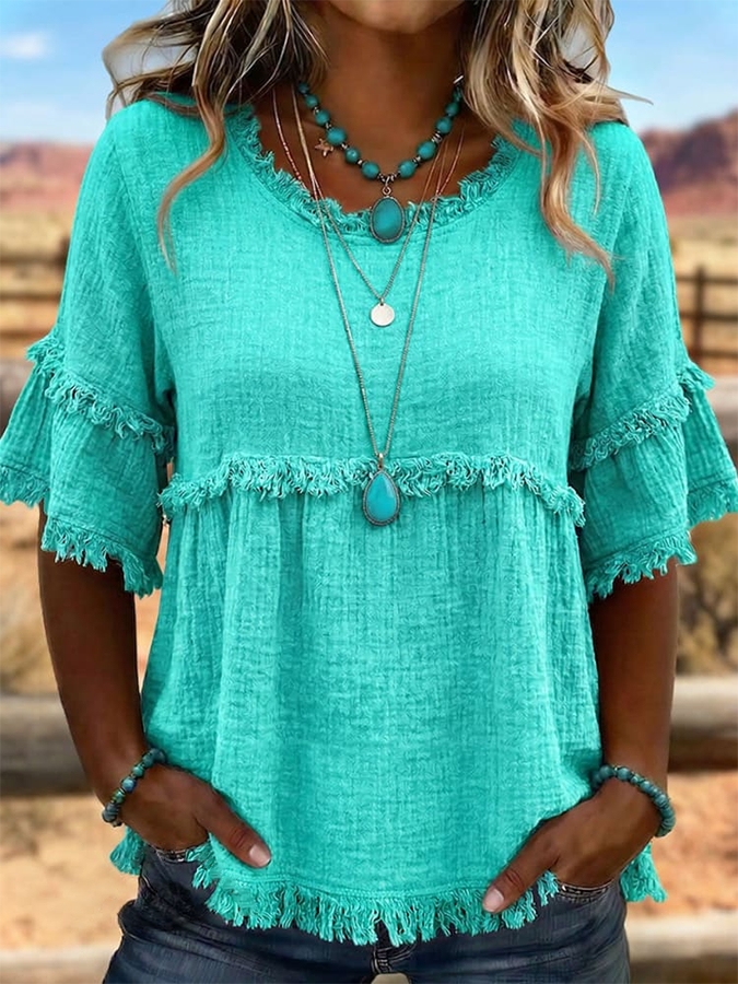 Camisa casual de algodón y lino con flecos y diseño artístico retro de estilo western para mujer