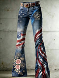 Women's High-Waisted Jeans with Cross, Flag, Butterfly, and Floral Patterns