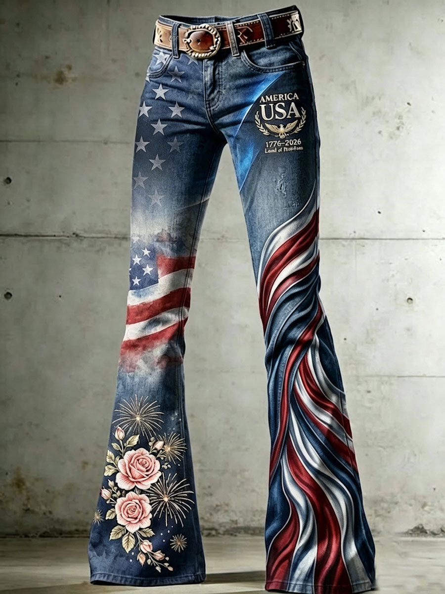 Women's High-Waisted Jeans with Cross, Flag, Butterfly, and Floral Patterns