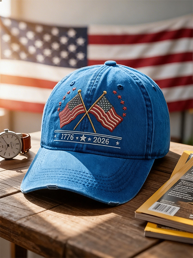Gorra de béisbol lavada con banderas estadounidenses cruzadas 1776-2026