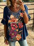 Women's  Large Floral Print Trim Ruffle Sleeve Casual Western Top