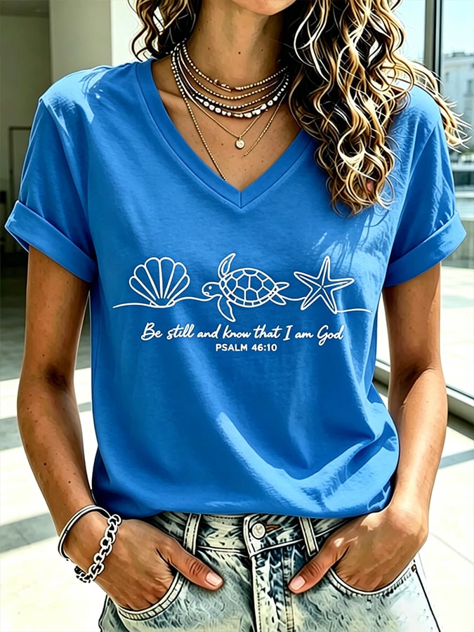 Camiseta estampada de fe para mujer, ideal para vacaciones y ocio en la playa, con tortuga marina y el mensaje «Quédate quieto y reconoce que yo soy Dios»