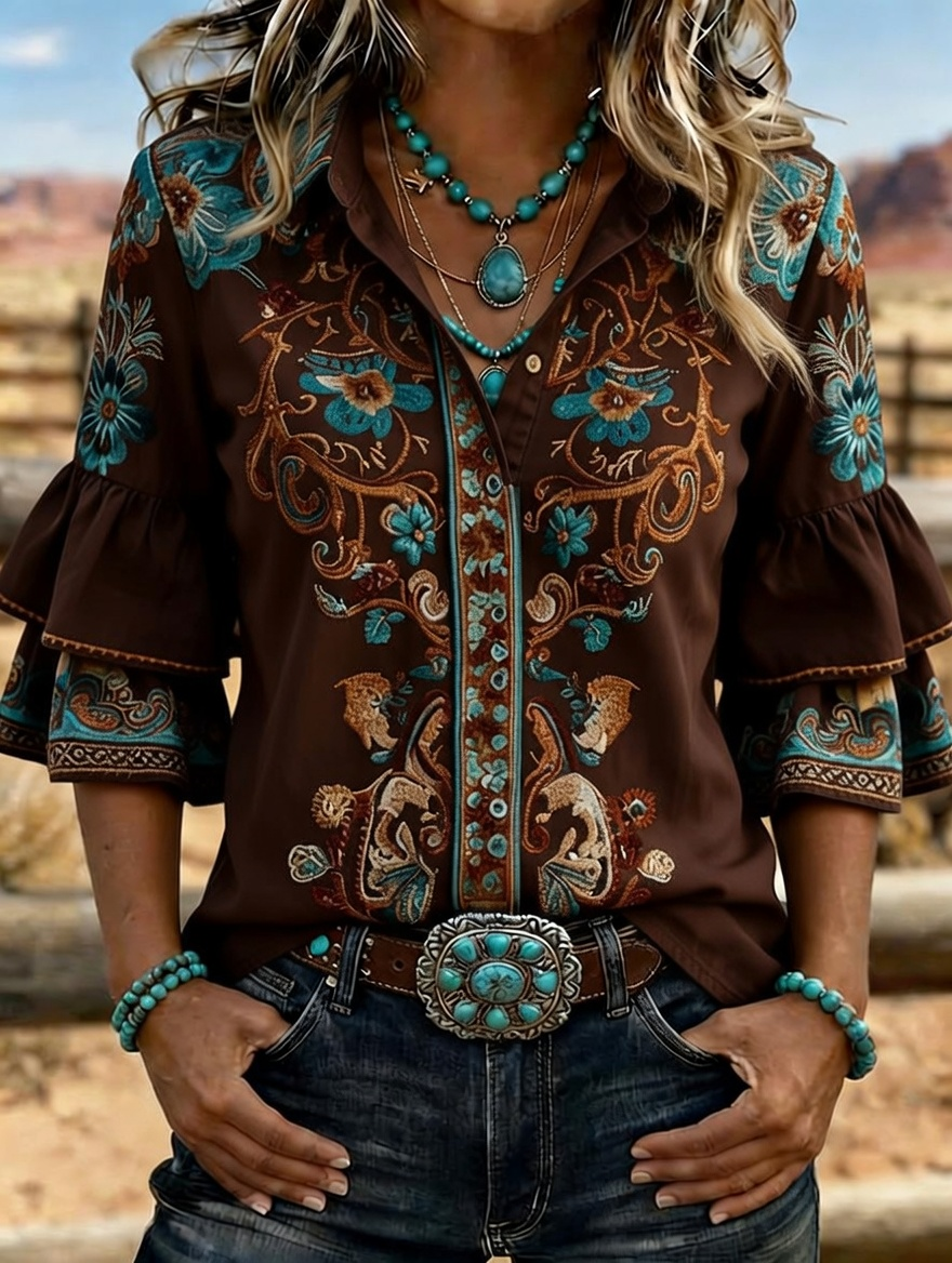 Camisa vaquera western para mujer con bordado floral y mangas acampanadas