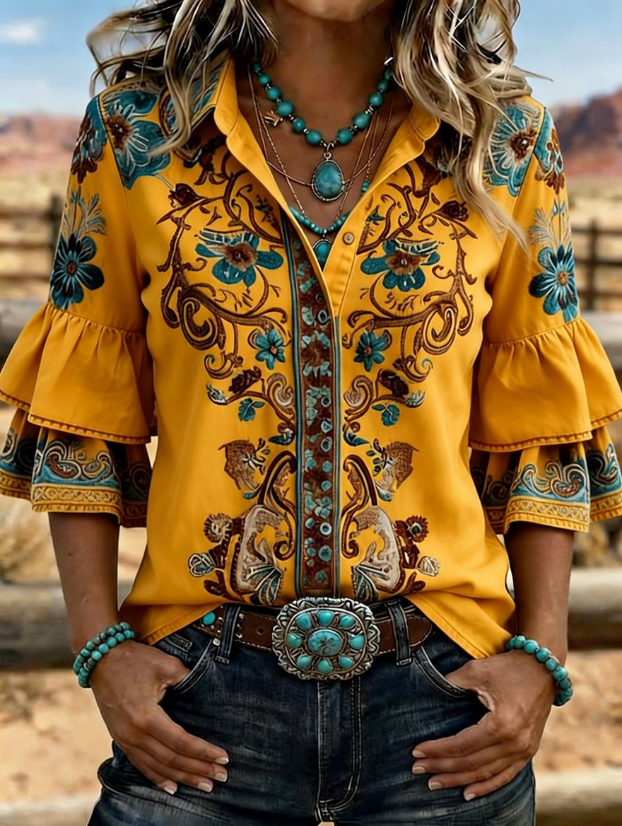 Camisa vaquera western para mujer con bordado floral y mangas acampanadas