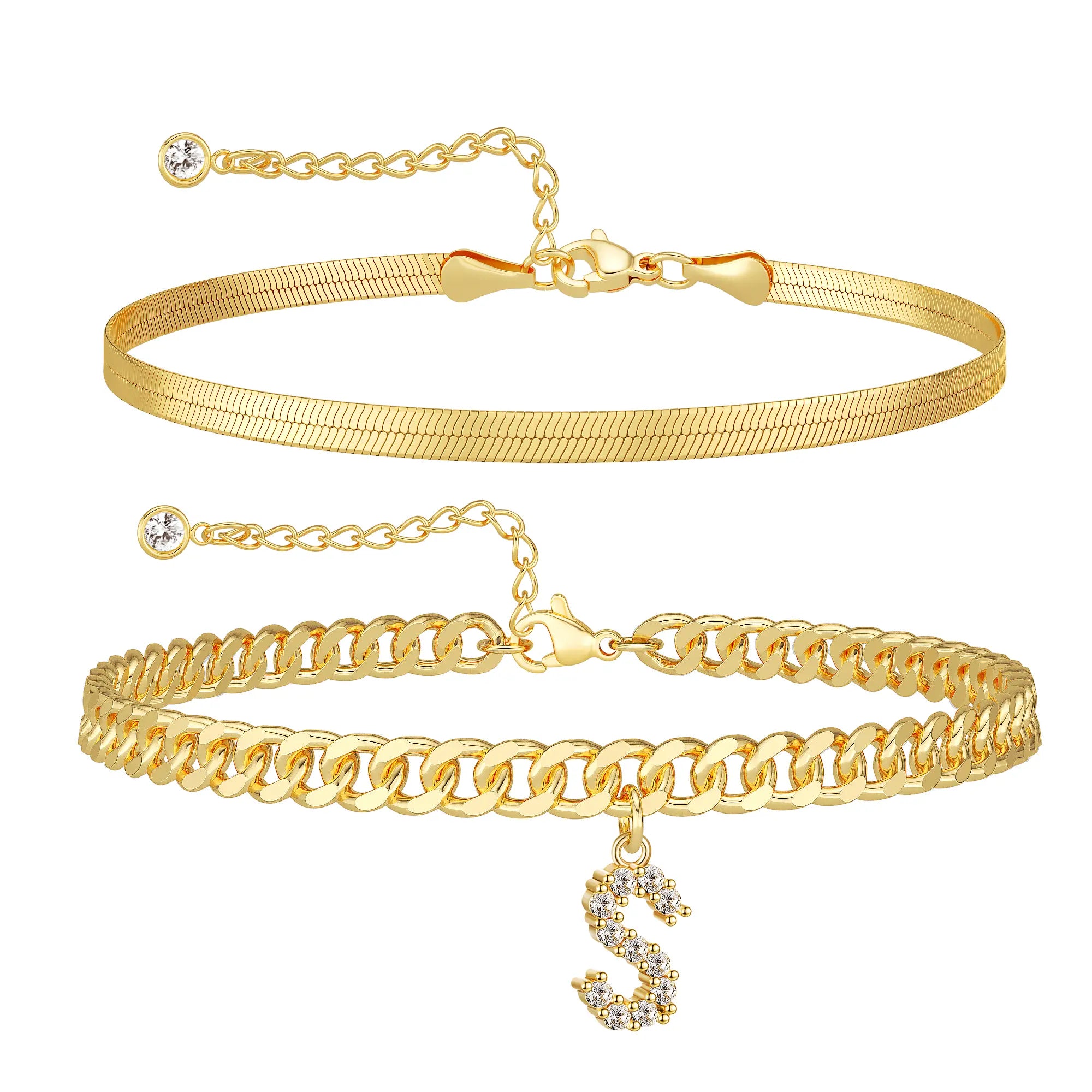 Women's Gold Stackable Anklet Set with Letter Pendant