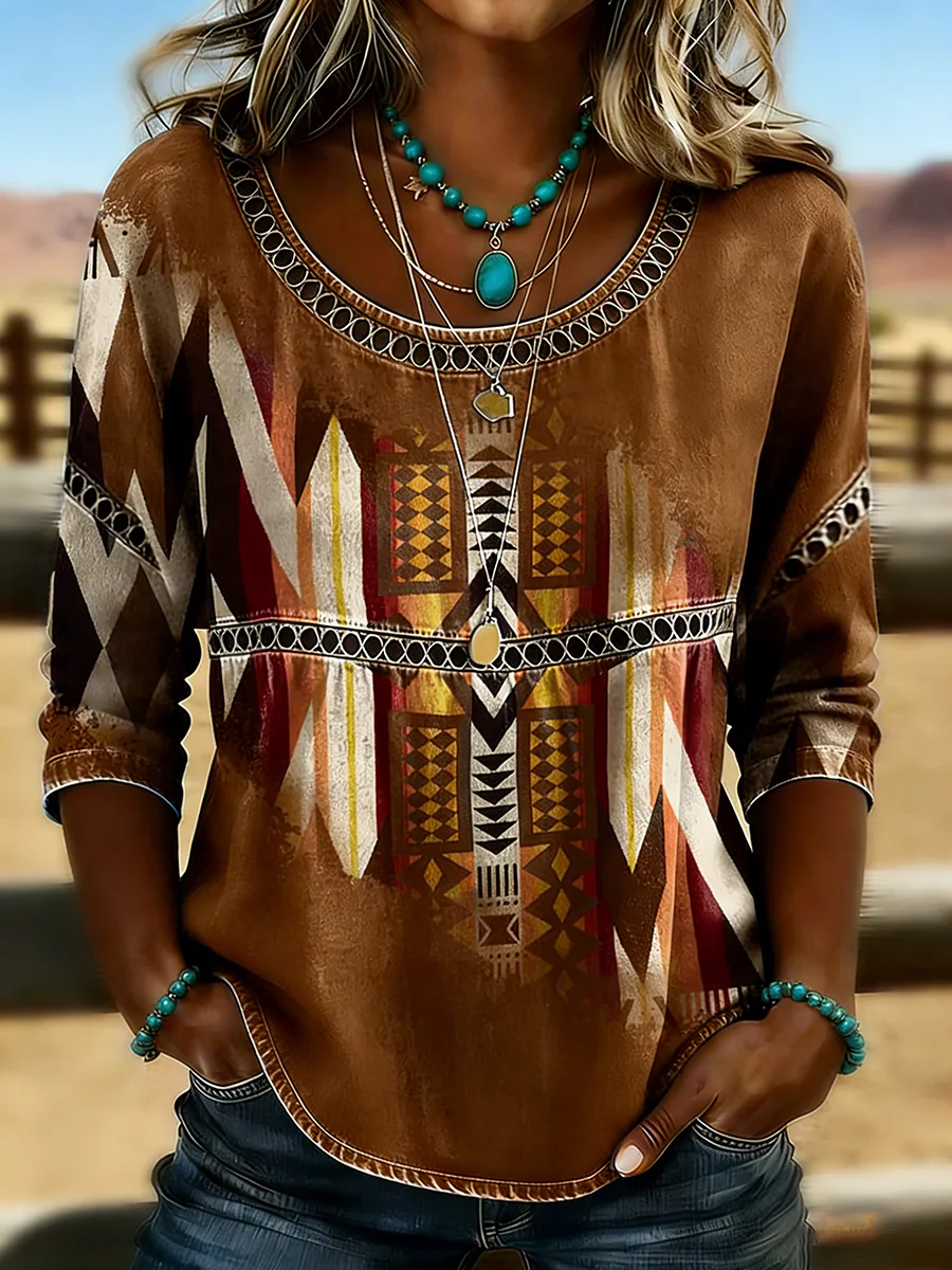 Top casual retro vaquero de mujer con estampado azteca