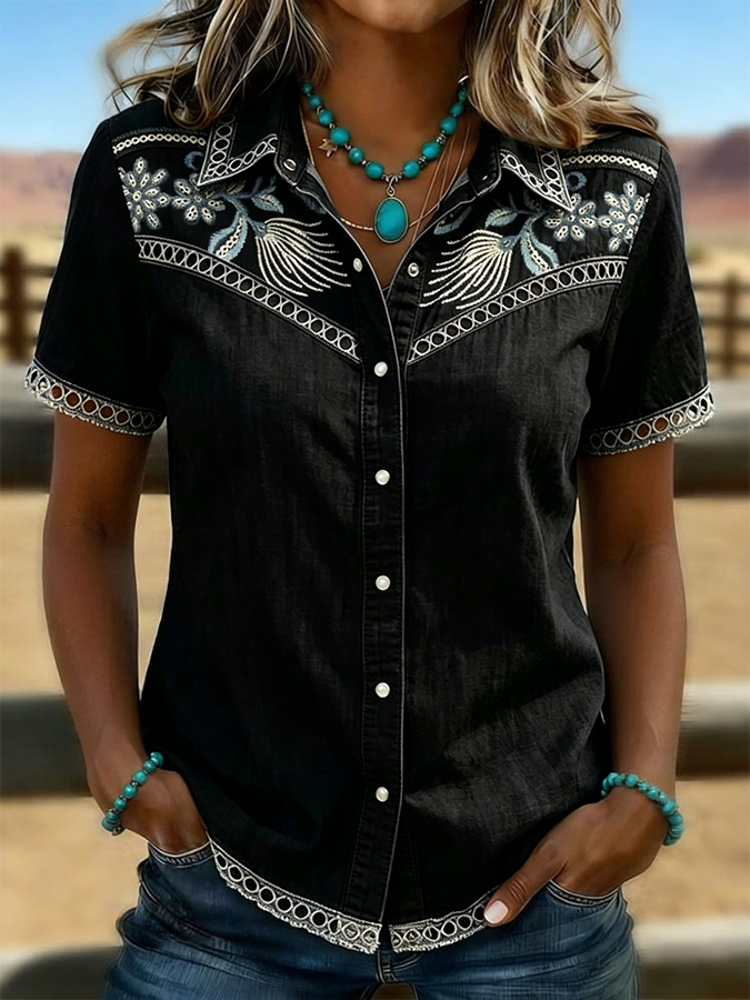 Camisa informal para mujer con estampado de arte floral vintage, paneles calados y patchwork