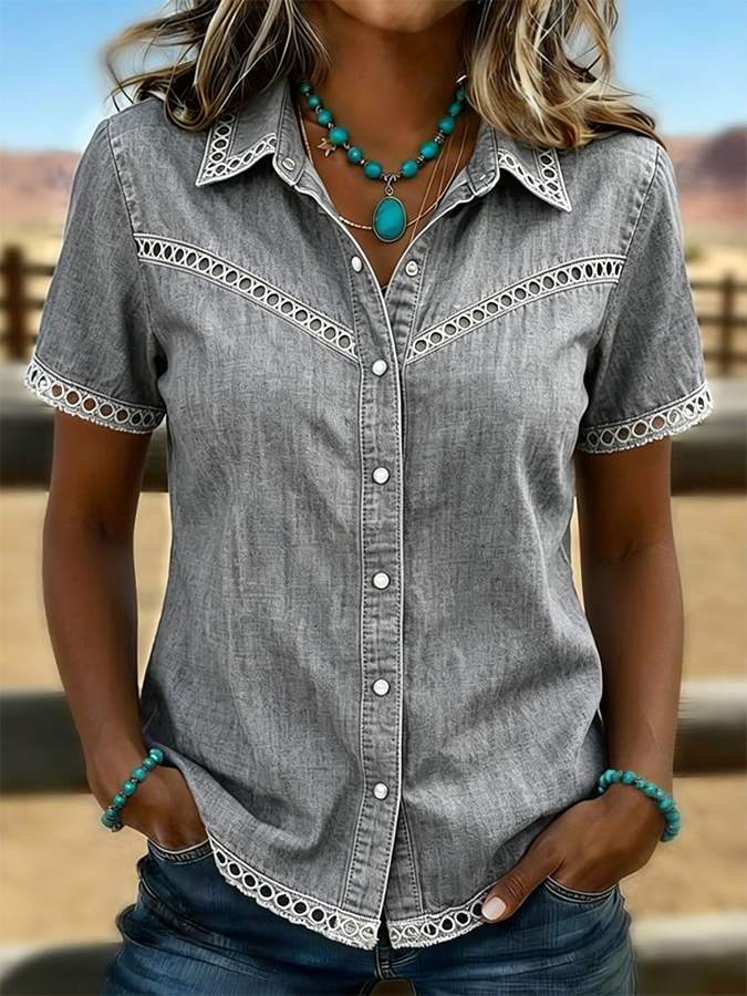 Camisa vaquera informal de color liso, estilo western retro y con detalles calados para mujer