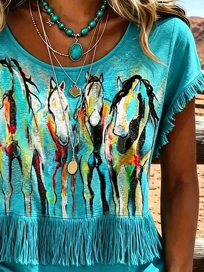 Women'S Casual Tassel Patchwork Printed Top