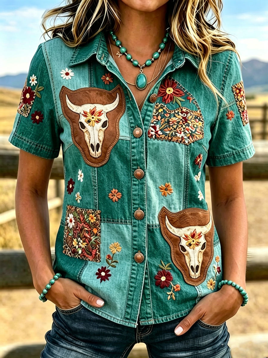 Camisa de mujer de estilo vaquero con estampado floral retro de animales
