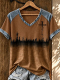 Women's Vintage Western Faith-Print V-Neck Top