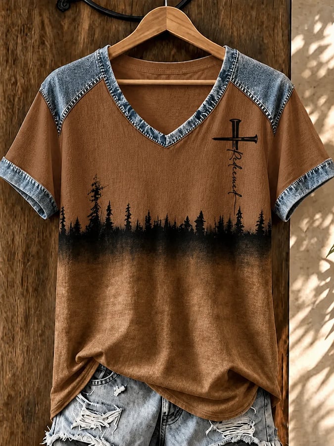 Women's Vintage Western Faith-Print V-Neck Top