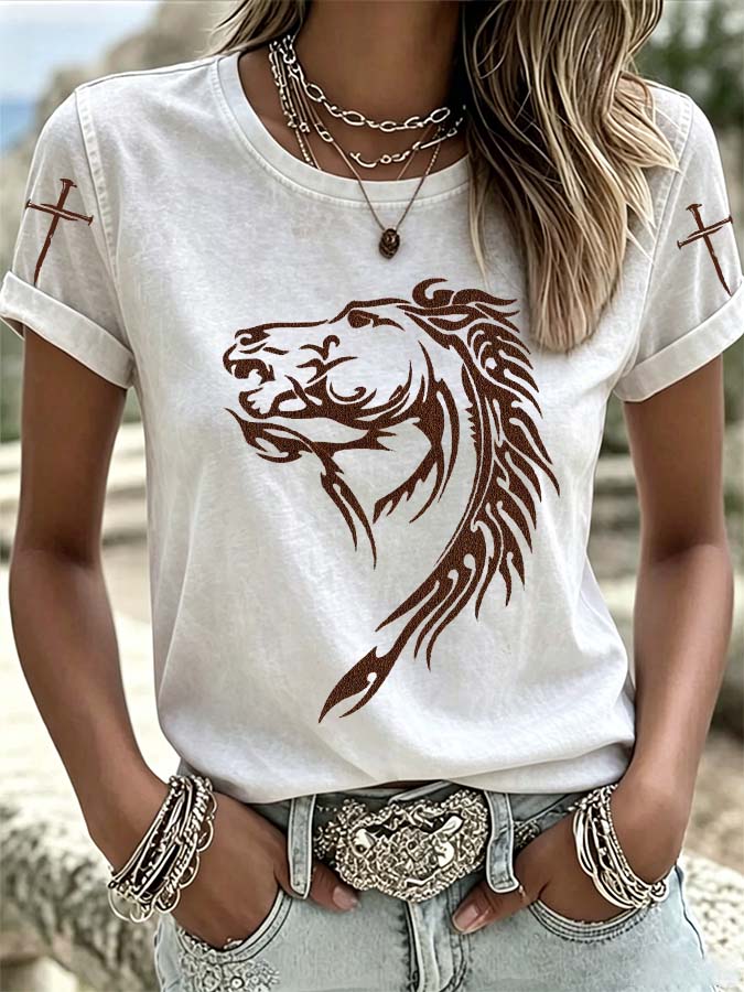 Camiseta informal de estilo western con caballo y cruz para mujer