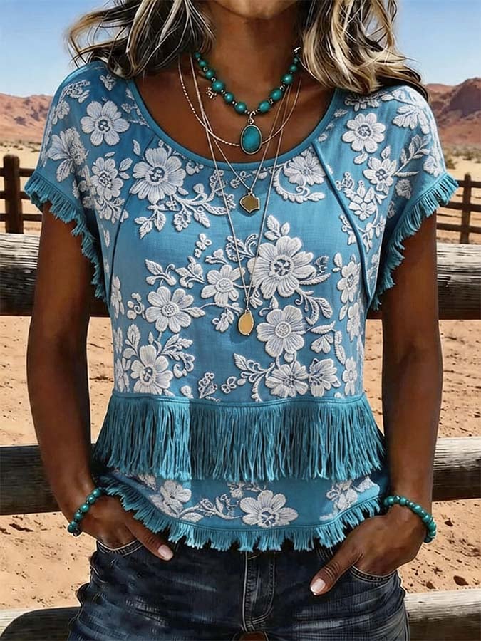 Women'S Casual Tassel Patchwork Printed Top