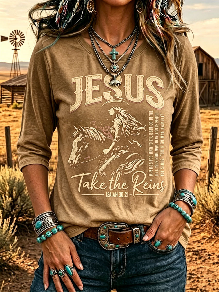 Camiseta de mujer de estilo western retro con estampado de fe