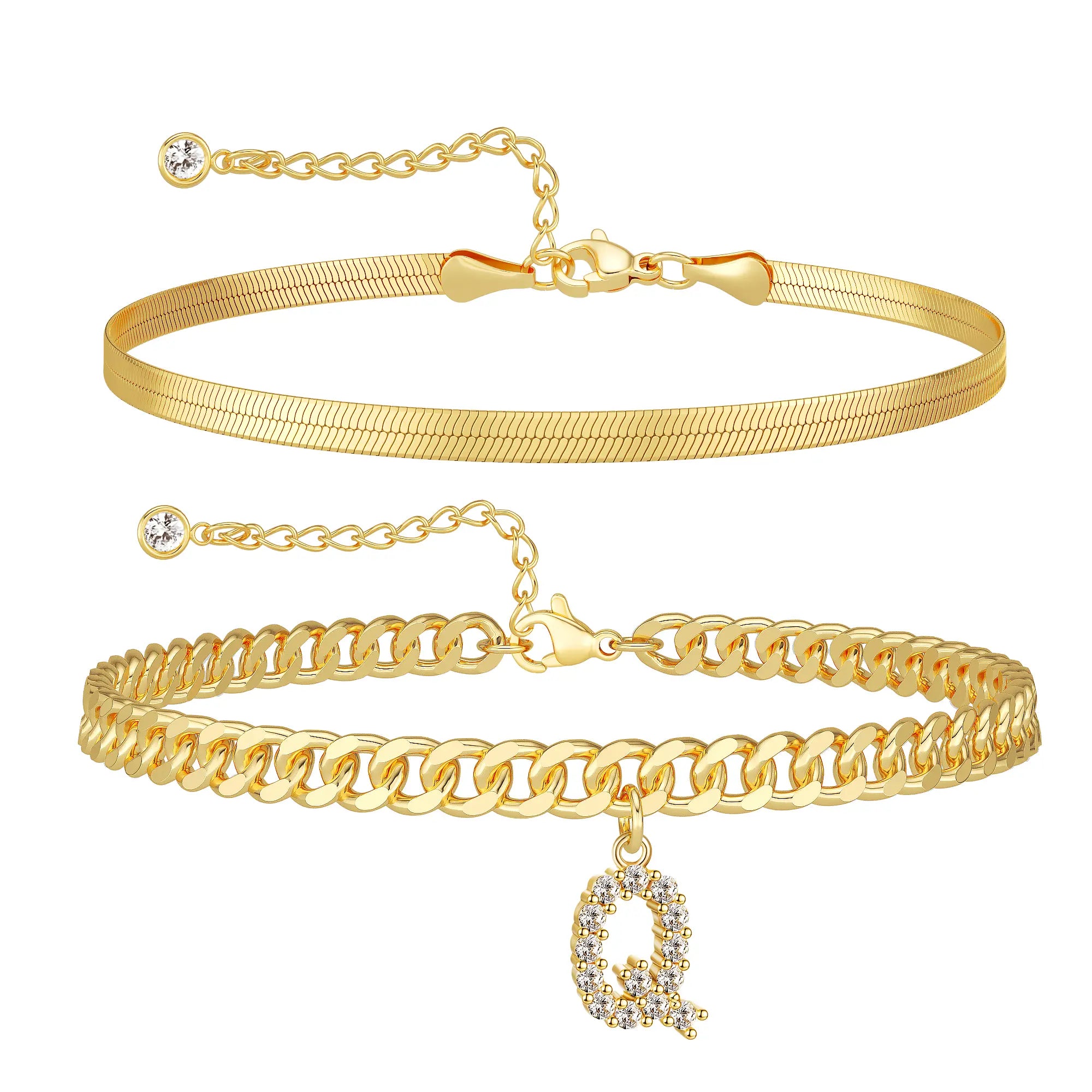 Women's Gold Stackable Anklet Set with Letter Pendant