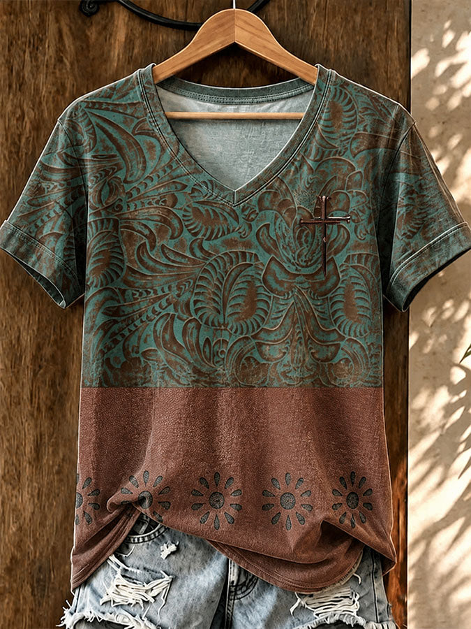 Women'S Retro Western Style Faith Printed V-Neck T-Shirt