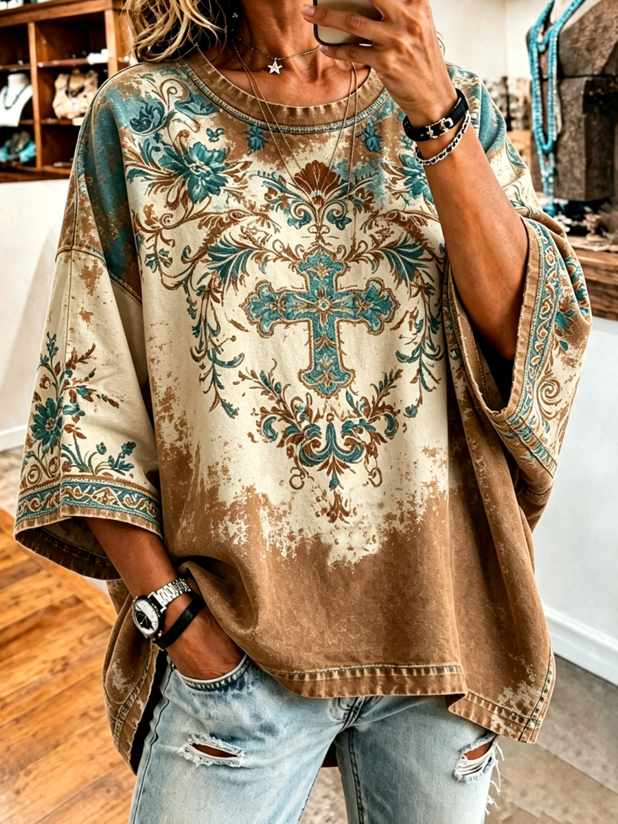 Women'S Retro Western Style Cross Faith Loose Top