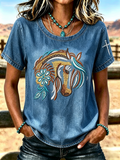 Women's Western Style Animal Cross Round Neck T-Shirt