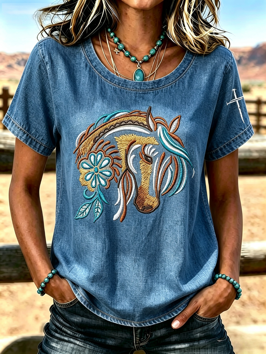 Women's Western Style Animal Cross Round Neck T-Shirt