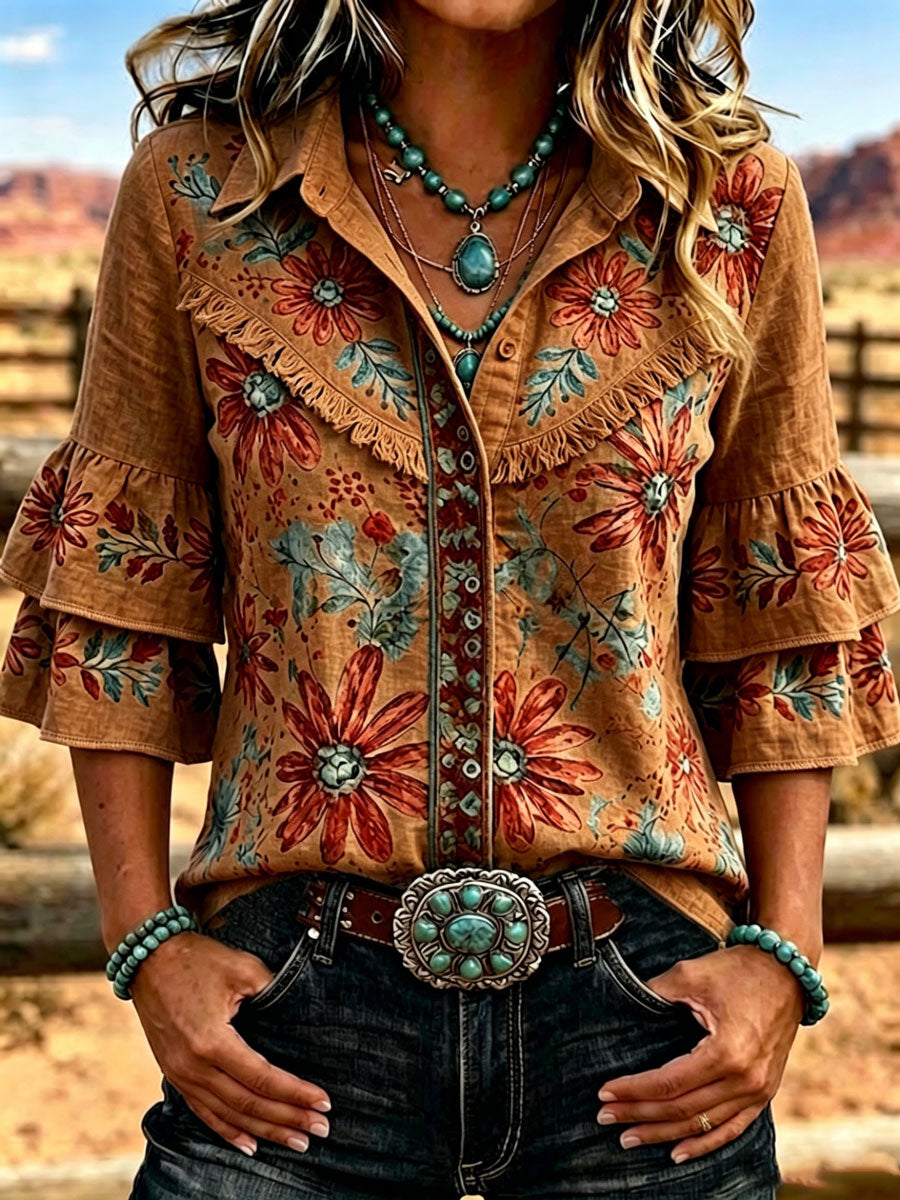 Camisa casual vintage de mujer con estampado floral, volantes y solapa