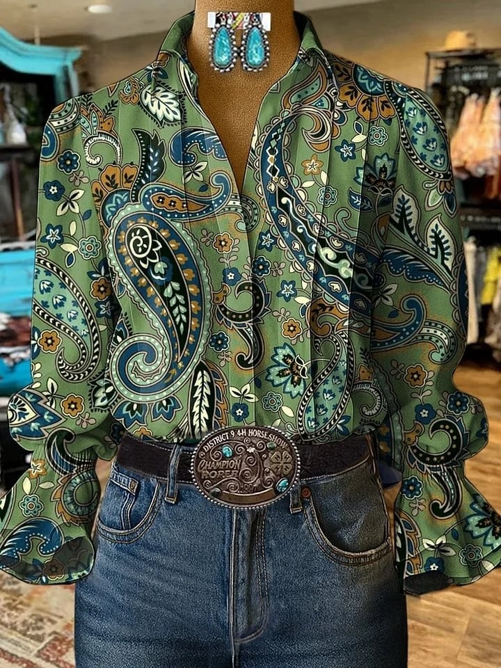 Women's Casual Western Puff Sleeve Patterned Shirt