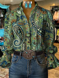 Women's Casual Western Puff Sleeve Patterned Shirt