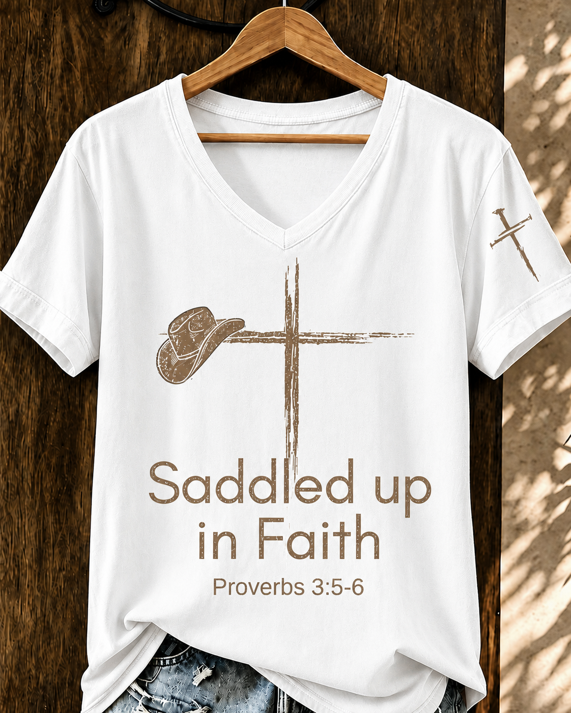 Damen Retro WesternSaddled Up in Faith V-Ausschnitt T-Shirt