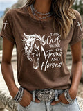 Women's This Girl Runs On Jesus And Horses Printed Casual T-Shirt