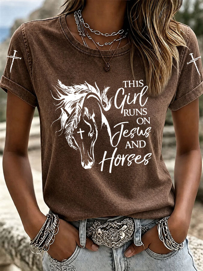 Women's This Girl Runs On Jesus And Horses Printed Casual T-Shirt