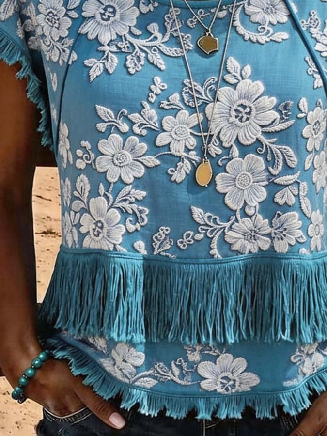 Women'S Casual Tassel Patchwork Printed Top