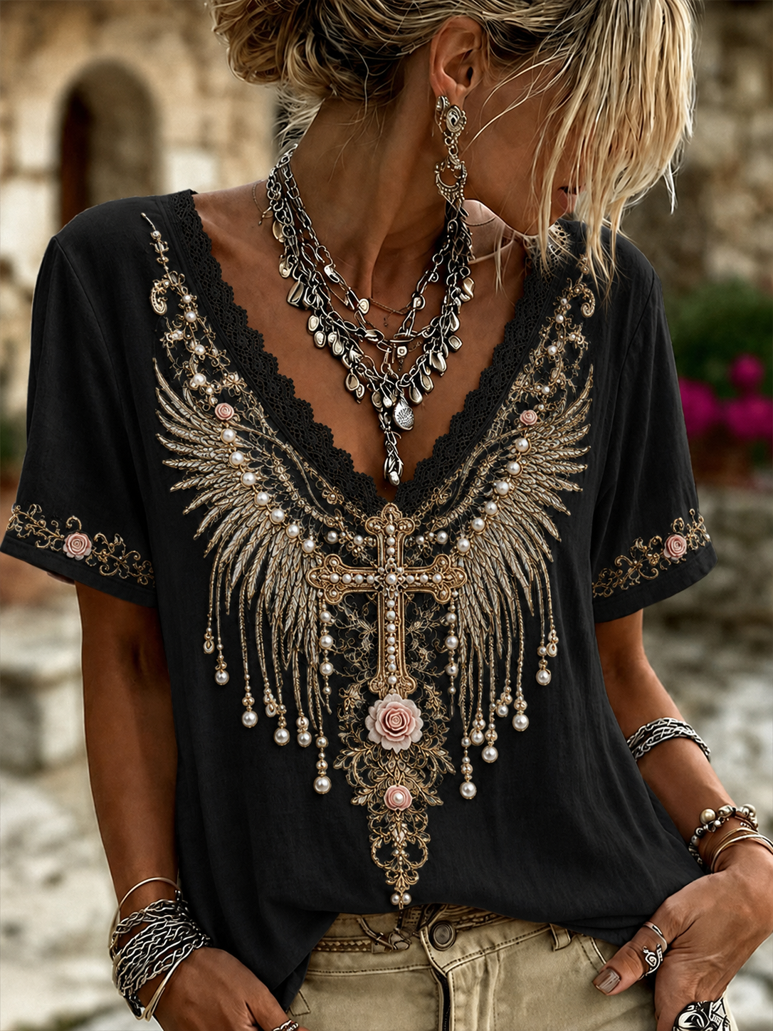 Camiseta de manga corta con cuello en V para mujer, de algodón y lino, con cruz, flores blancas y diseño de fe