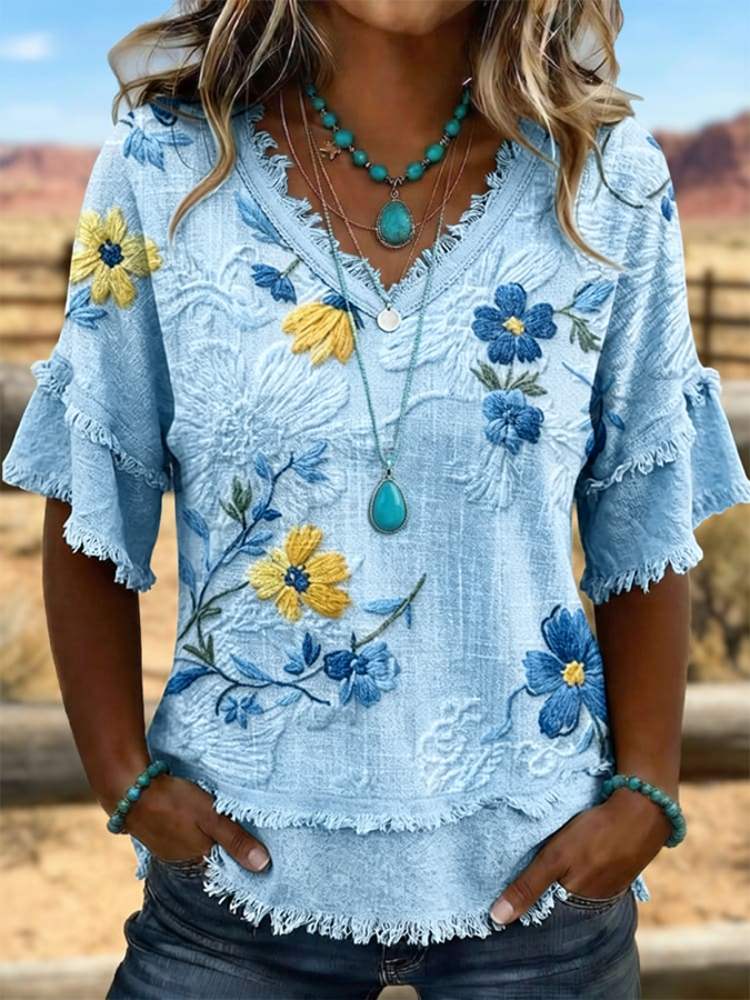 Camisa vintage para mujer de patchwork de arte, algodón y lino