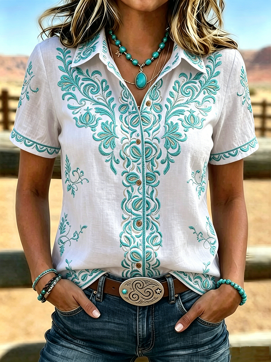 Camisa estampada de arte étnico retro para mujer