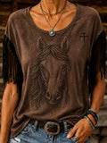 Women's Retro Horse Print Tassel Round Neck Top