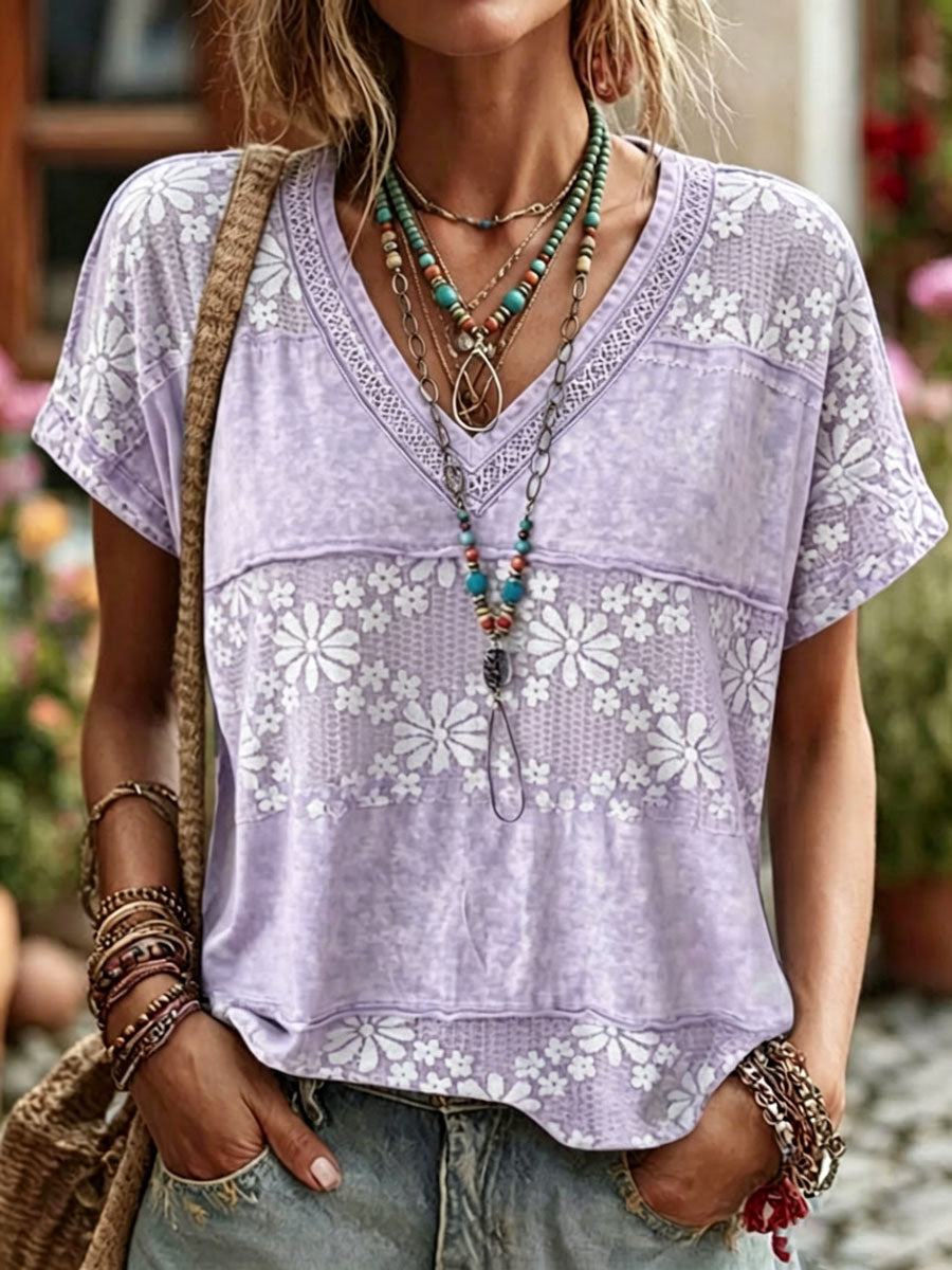 Top informal de algodón y lino con estampado floral y manga corta para mujer
