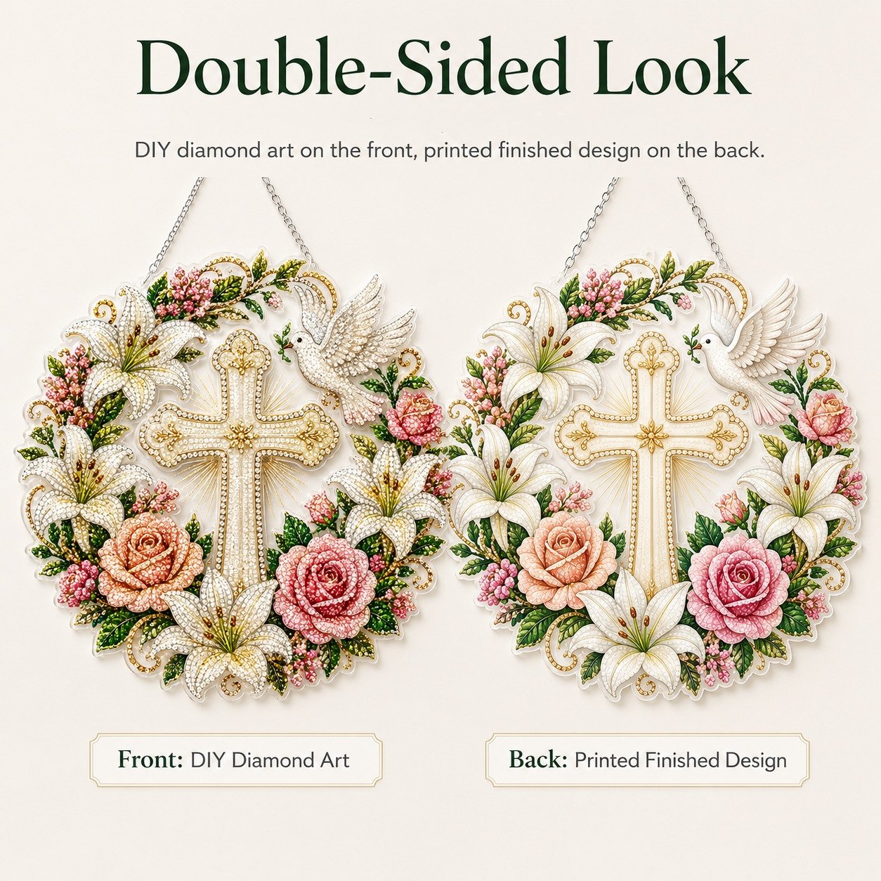 ✝️💐Kit de Décoration à Suspendre en Diamant - Croix, Fleurs et Colombe de la Paix