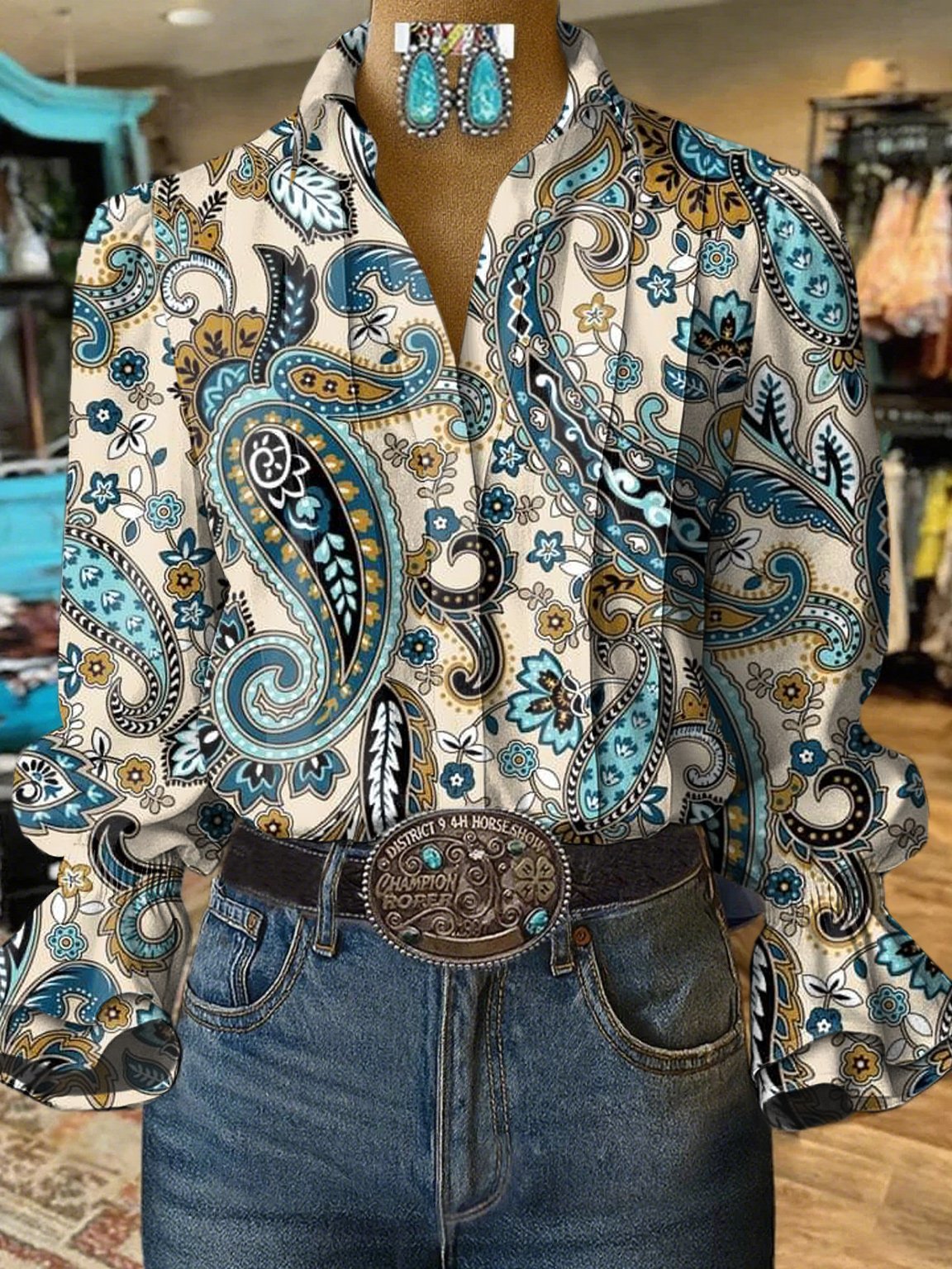 Camisa casual vaquera de mujer con mangas abullonadas y estampado
