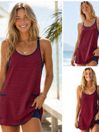 Women’s 95% Cotton Striped Active Mini Dress with Built-In Shorts & Pockets