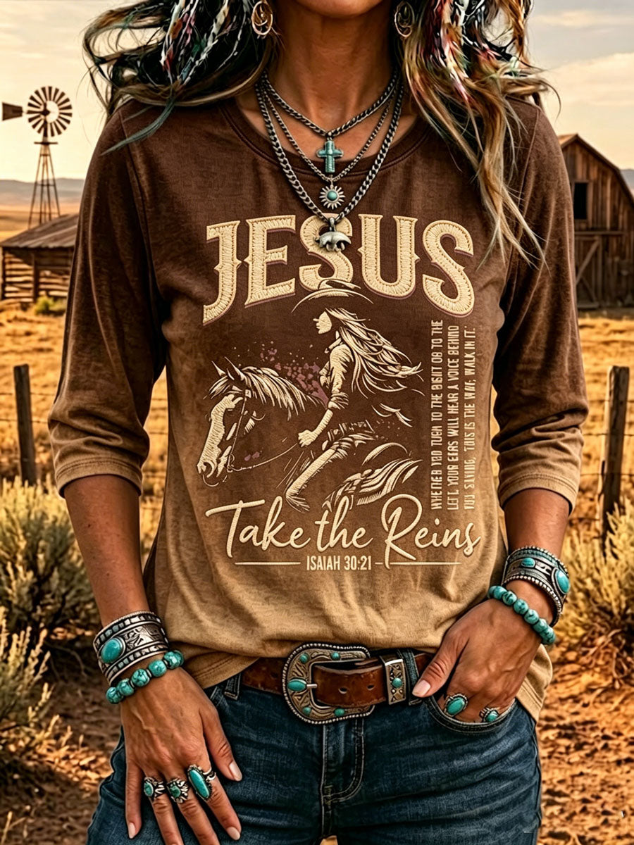 Camiseta de mujer de estilo western retro con estampado de fe