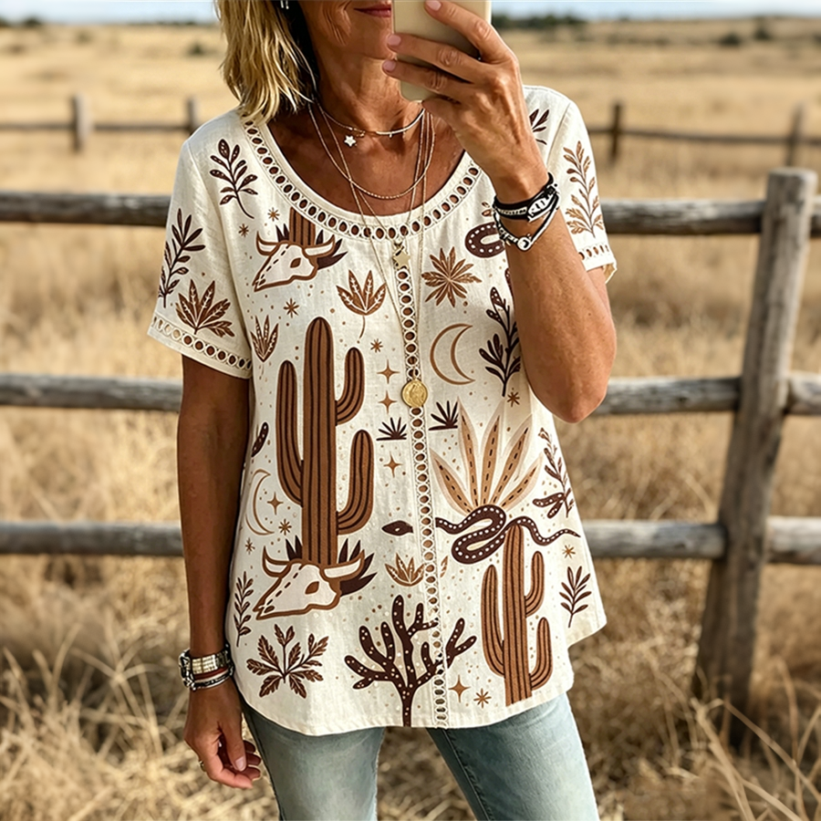 Women's Western Cactus Bull Skull Print Trim Short Sleeve Casual Top